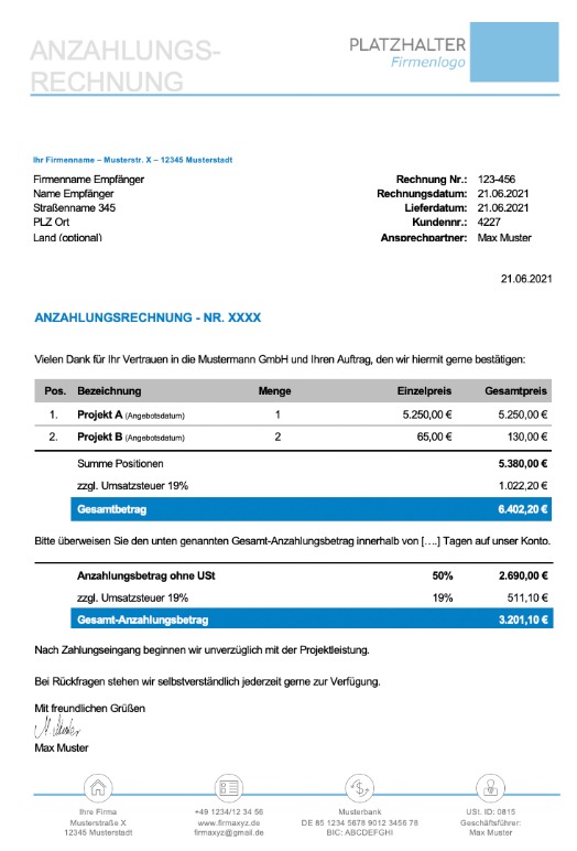 Anzahlungsrechnung Muster Word & Excel