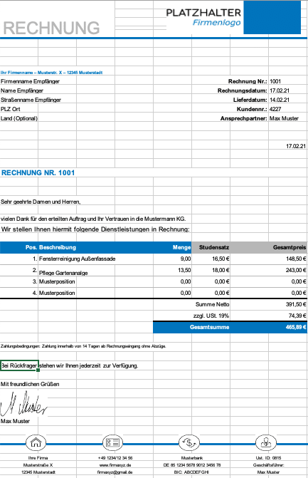 Rechnungsvorlage Dienstleistung Excel