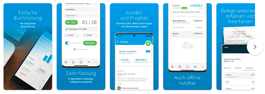 Screenshot der Buchhaltungsapp zur Zeit- und Belegerfassung von Papierkram im Play Store
